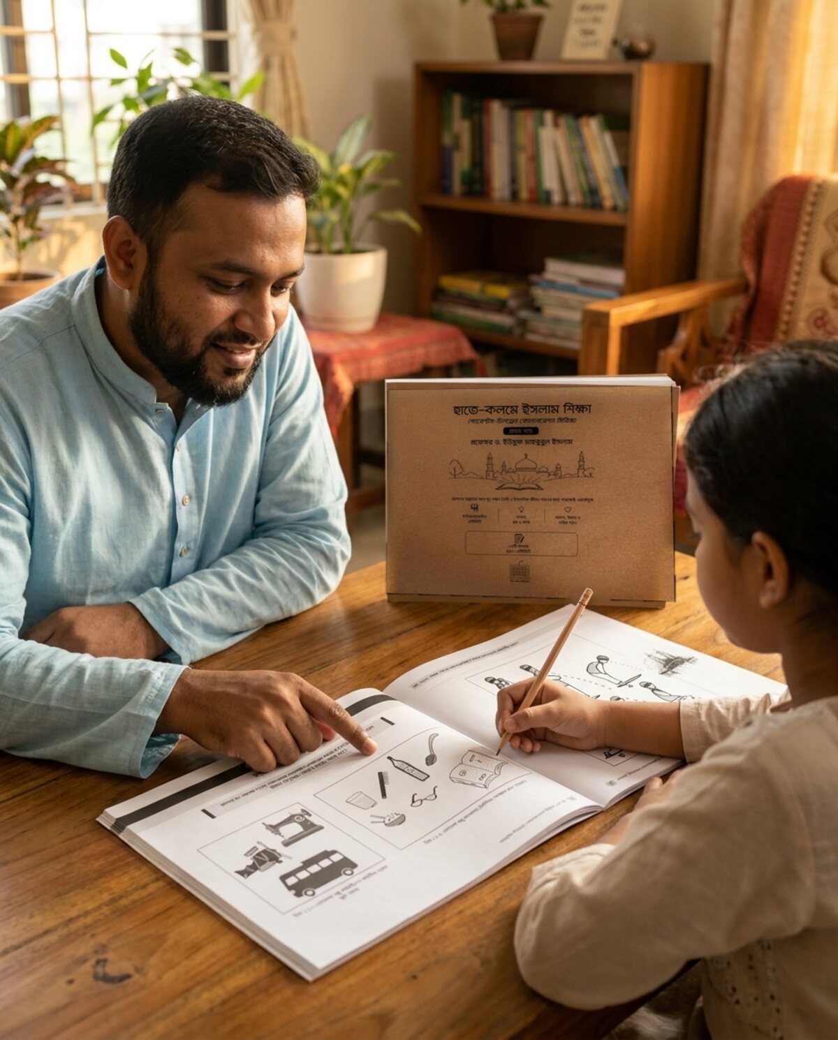 A parent and child working through the book together
